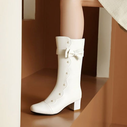 Boots Chunky Pearl Mid-Calf Heel Faux