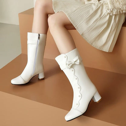 Boots Chunky Pearl Mid-Calf Heel Faux