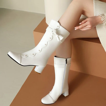 Boots Chunky Pearl Mid-Calf Heel Faux