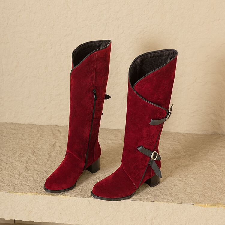 Buckled Asymmetrical Chunky Heel Tall Boots