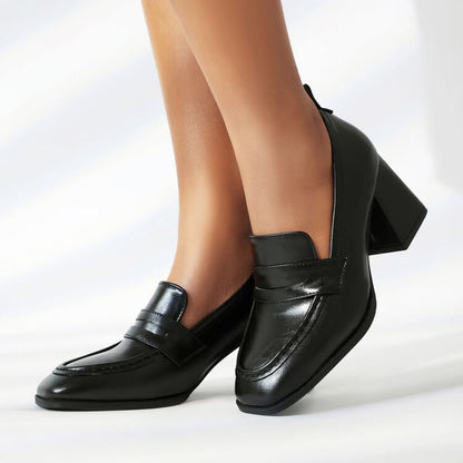Leather Heel Chunky Penny Faux Loafers
