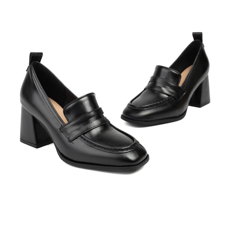 Leather Heel Chunky Penny Faux Loafers