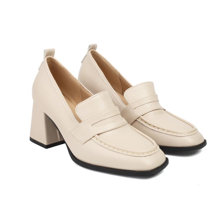 Leather Heel Chunky Penny Faux Loafers