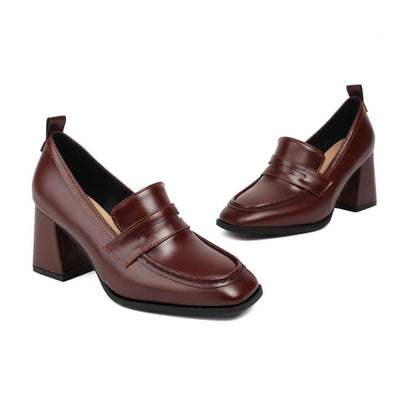 Leather Heel Chunky Penny Faux Loafers