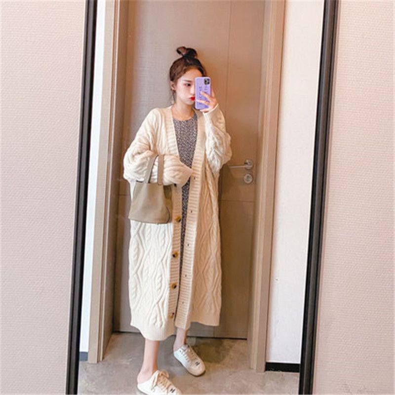 Cable-Knit V-Neck Long Cardigan