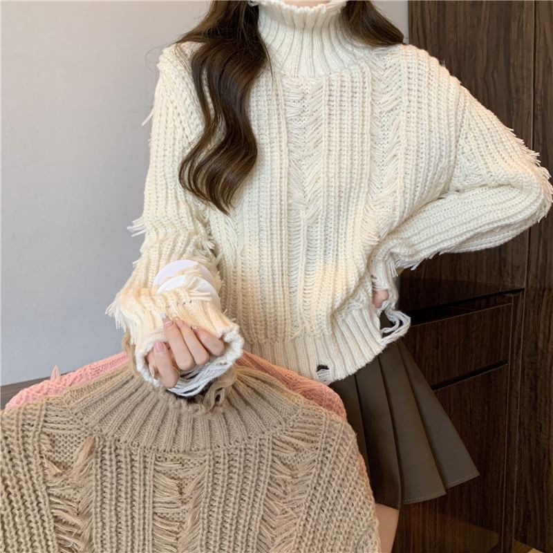 Distressed Turtleneck Cropped Sweater in 5 Colors