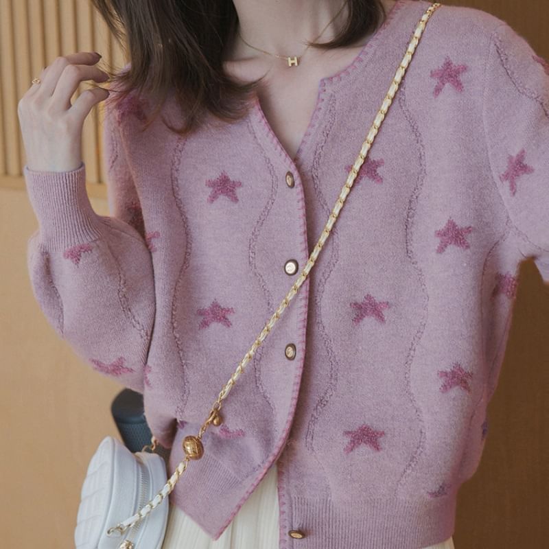 Star-Jacquard V-Neck Cardigan