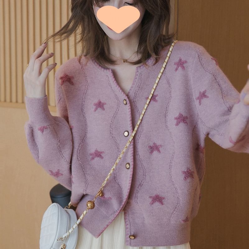 Star-Jacquard V-Neck Cardigan