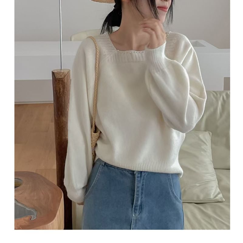 Pearl-Trim Square-Neck Loose Sweater in 5 Colors