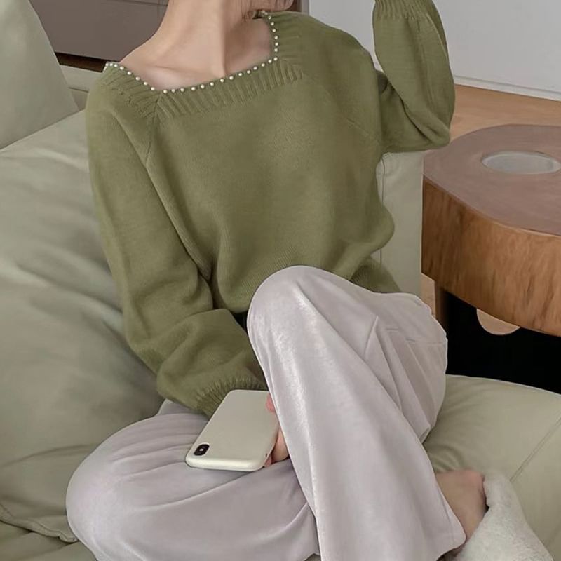 Pearl-Trim Square-Neck Loose Sweater in 5 Colors