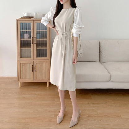 Puff-Sleeve Crew Neck Plain Tie Waist Midi Sheath Dress