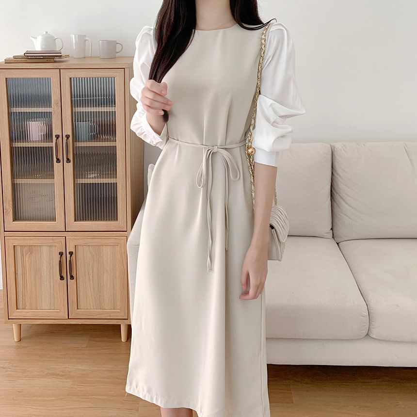 Puff-Sleeve Crew Neck Plain Tie Waist Midi Sheath Dress