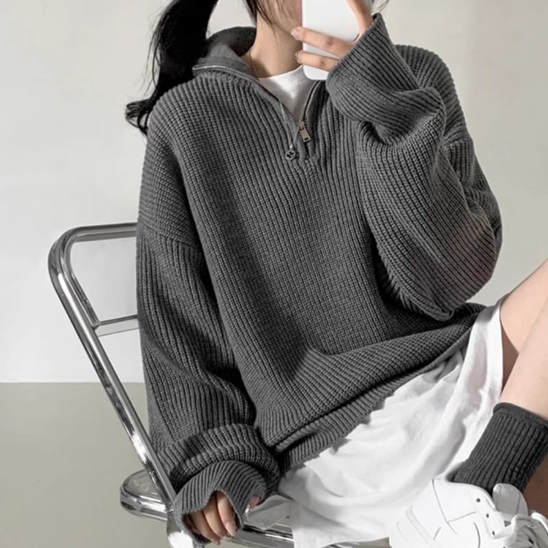 Half-Zip Plain Ribbed Oversized Sweater