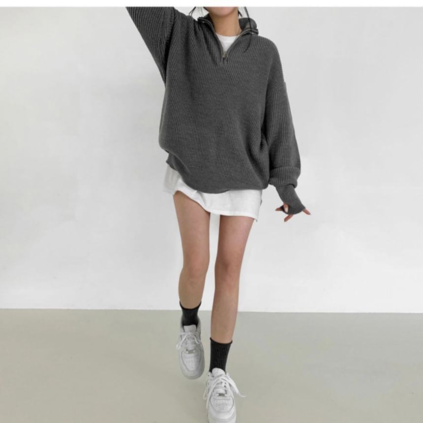 Half-Zip Plain Ribbed Oversized Sweater