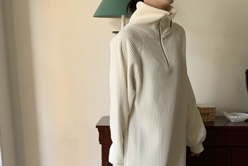 Long-Sleeve Half-Zip Plain Ribbed Maxi Sweater Dress