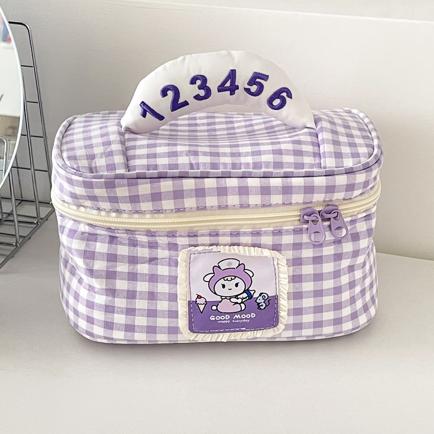 Animal Applique Plaid Fabric Makeup Bag