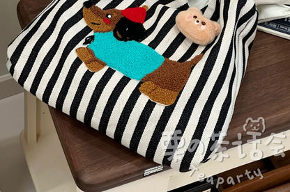 Fleece Dog Striped Canvas Tote Bag