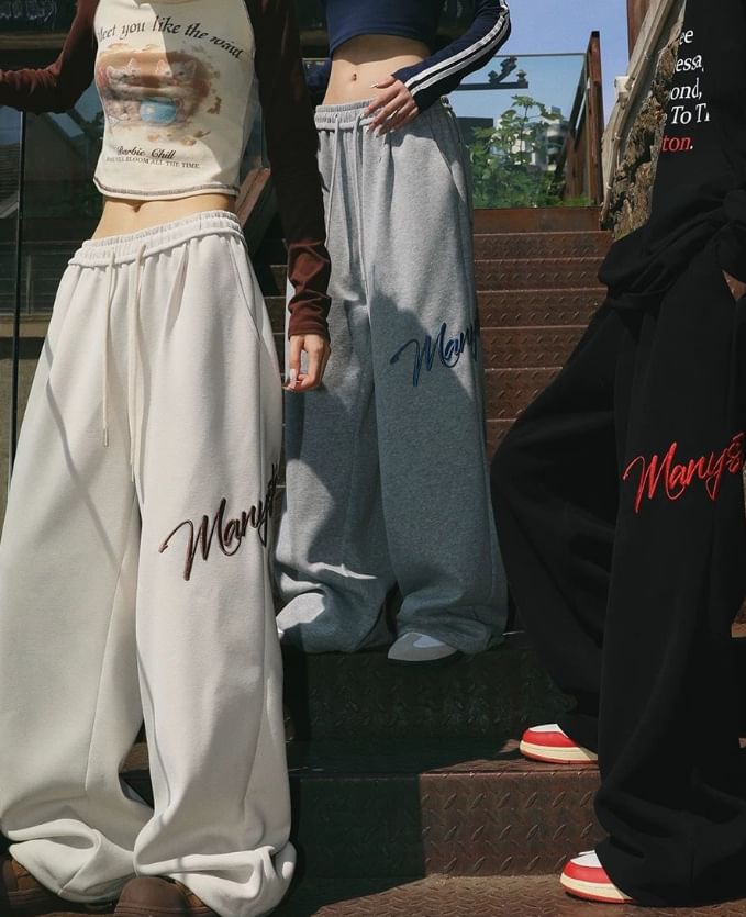 Low Rise Lettering Embroidered Loose-Fit Wide-Leg Sweatpants