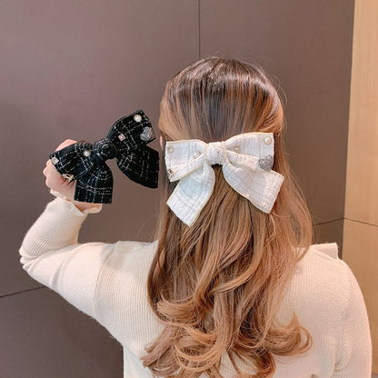 Rhinestone Accent Tweed Bow Hair Clip