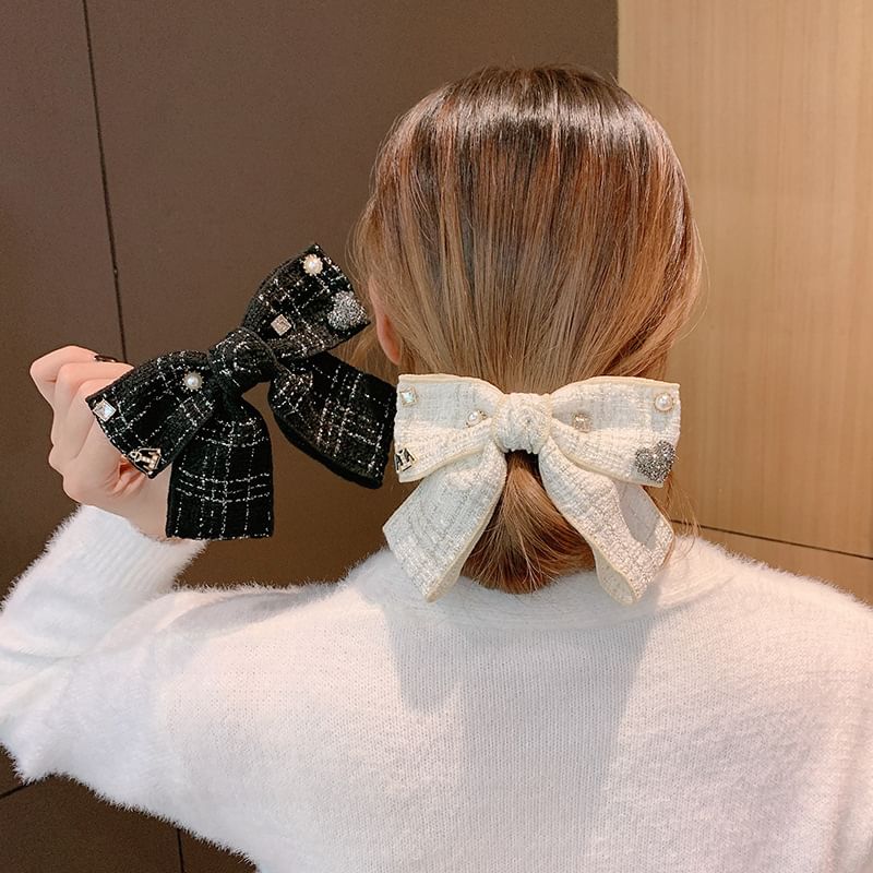 Rhinestone Accent Tweed Bow Hair Clip