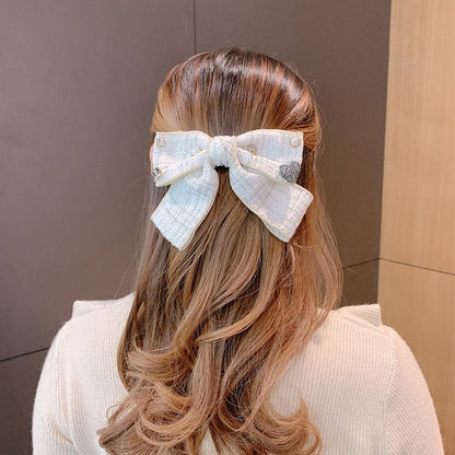 Rhinestone Accent Tweed Bow Hair Clip