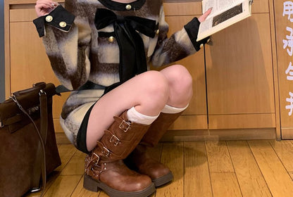 High Accent Neck Pencil Skirt Jacket Button-Up / Mini Plaid Crew Contrast Crop Rise Trim Bow