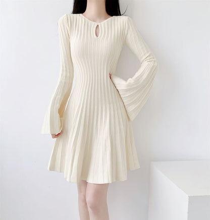 Flared-Sleeve Plain Cutout Ribbed Knit Mini A-Line Dress