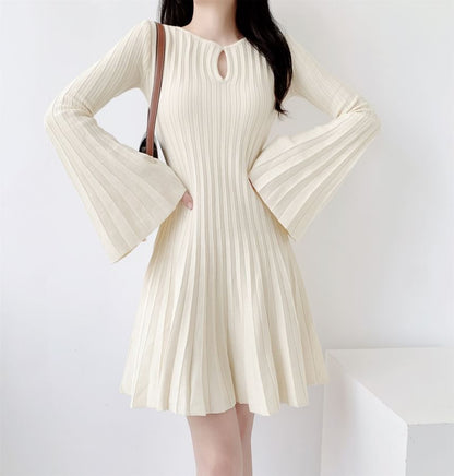 Flared-Sleeve Plain Cutout Ribbed Knit Mini A-Line Dress