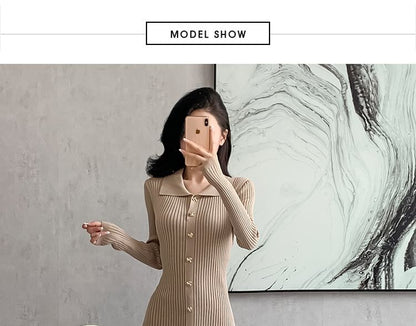 Long-Sleeve Collar Plain Ribbed Midi Sweater Dress