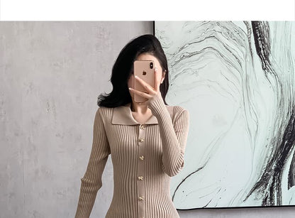 Long-Sleeve Collar Plain Ribbed Midi Sweater Dress