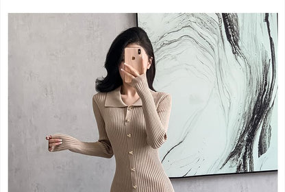 Long-Sleeve Collar Plain Ribbed Midi Sweater Dress