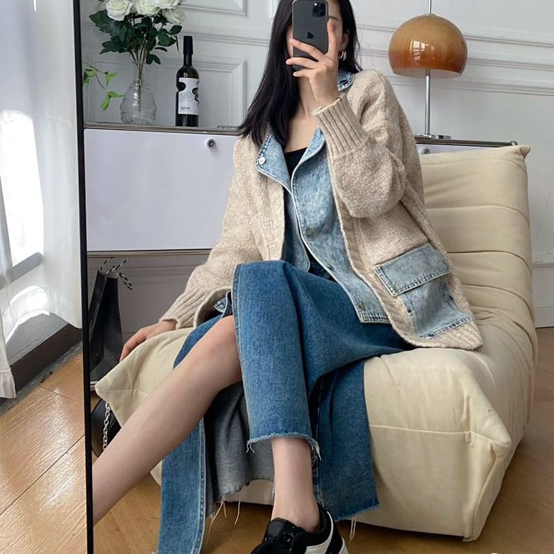 Mock Two-Piece Denim Panel Knit Cardigan