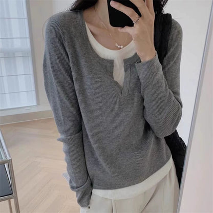 Long-Sleeve V-Neck Mock Two Piece Knit Top