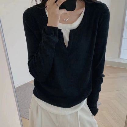 Long-Sleeve V-Neck Mock Two Piece Knit Top