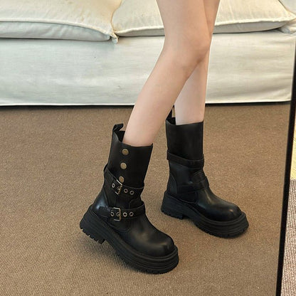 Leather Faux Buckled Platform Short Boots Plain