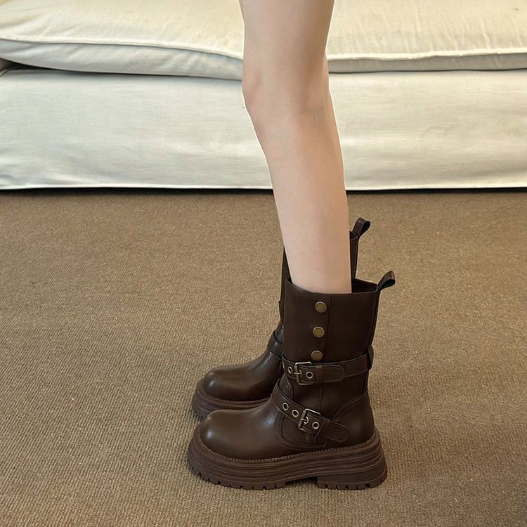 Leather Faux Buckled Platform Short Boots Plain