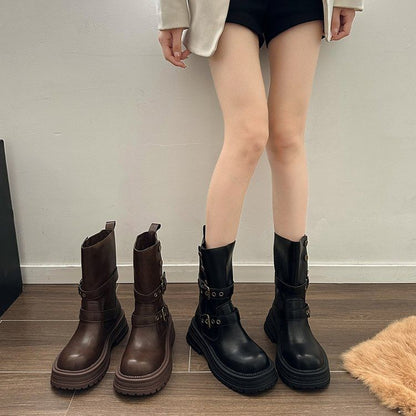 Leather Faux Buckled Platform Short Boots Plain