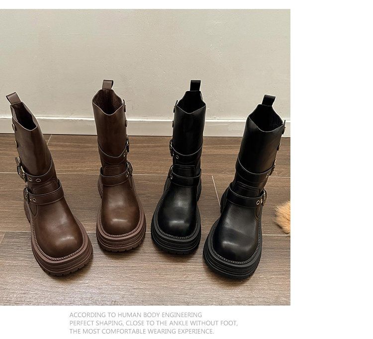 Leather Faux Buckled Platform Short Boots Plain