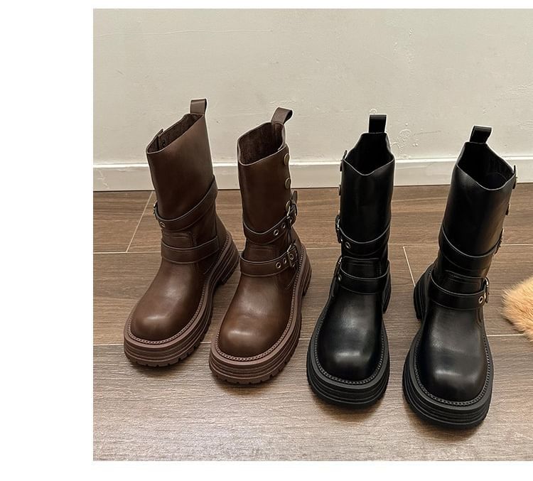 Leather Faux Buckled Platform Short Boots Plain
