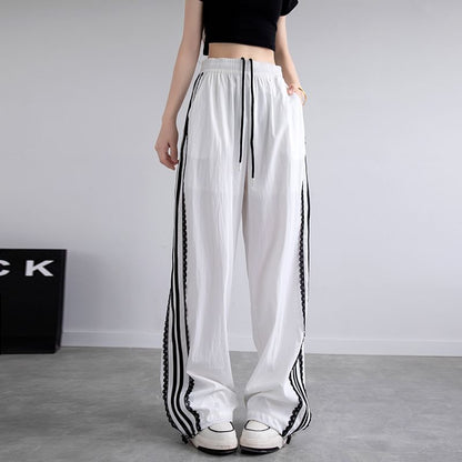 High Waist Lace-Trim Striped Loose-Fit Wide-Leg Sweatpants