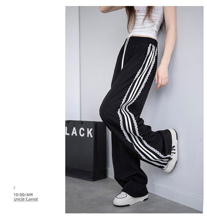 High Waist Lace-Trim Striped Loose-Fit Wide-Leg Sweatpants