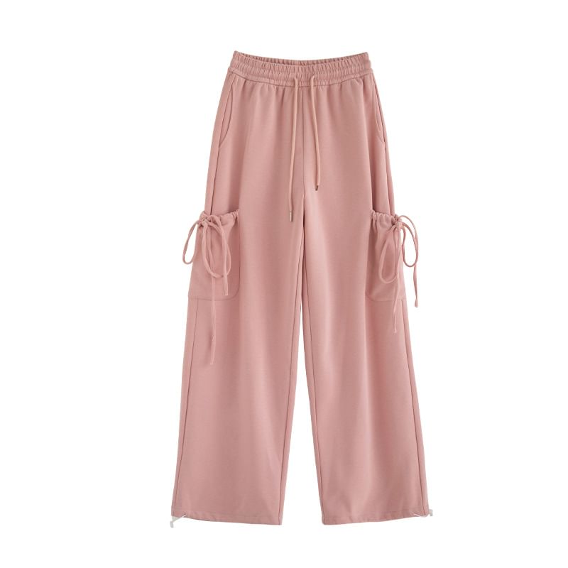 High Rise Plain Bow Accent Loose-Fit Wide-Leg Sweatpants