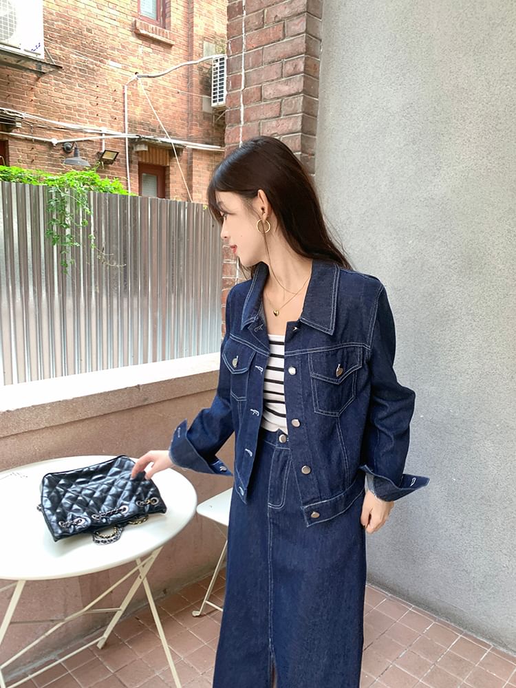 Set: Collared Plain Denim Button Jacket + Mid Rise Denim Midi A-Line Skirt