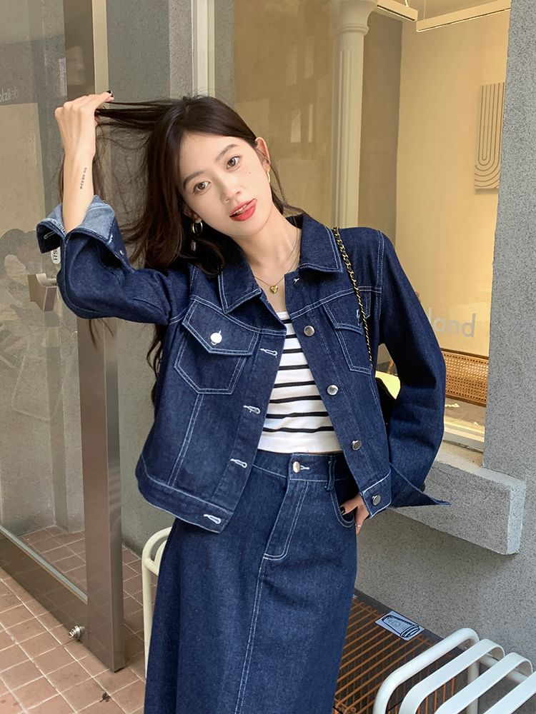 Set: Collared Plain Denim Button Jacket + Mid Rise Denim Midi A-Line Skirt