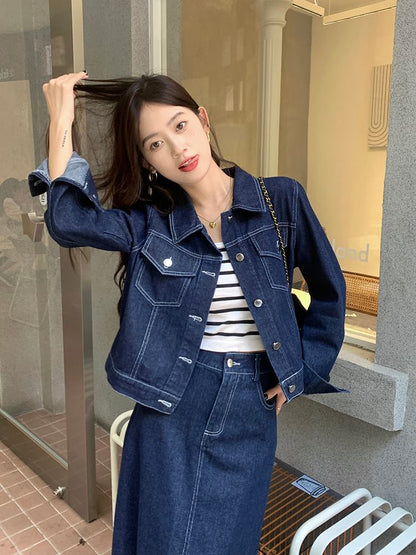 Set: Collared Plain Denim Button Jacket + Mid Rise Denim Midi A-Line Skirt