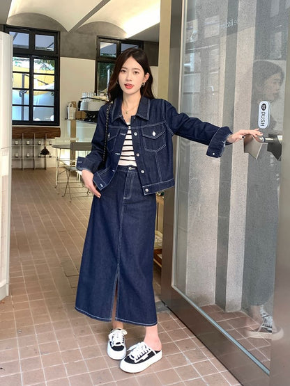 Set: Collared Plain Denim Button Jacket + Mid Rise Denim Midi A-Line Skirt