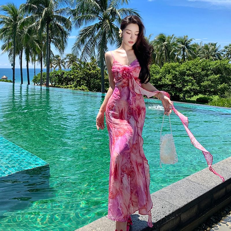 Tie Spaghetti Midi Strap A-Line Accent Sundress Flower Trim Dye Ruffle