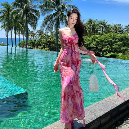 Tie Spaghetti Midi Strap A-Line Accent Sundress Flower Trim Dye Ruffle