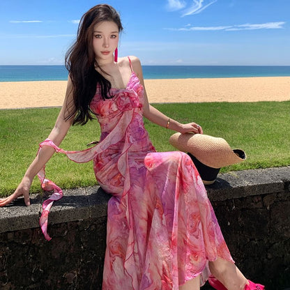 Tie Spaghetti Midi Strap A-Line Accent Sundress Flower Trim Dye Ruffle