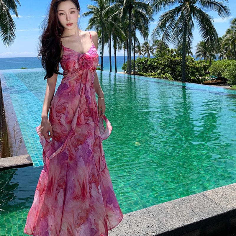 Tie Spaghetti Midi Strap A-Line Accent Sundress Flower Trim Dye Ruffle